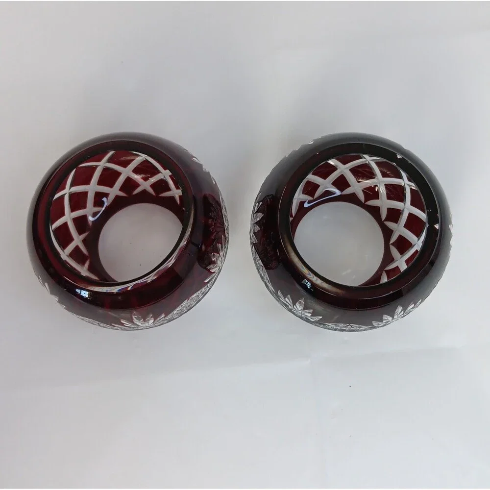 Crystal Ruby Red Cut To Clear Vase Bowl Candle Holder Cut Glass Bohemian READ